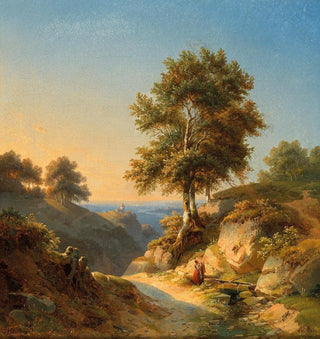 Un paysage de montagne avec une femme à la fontaine de printemps - Heinrich Dallwig