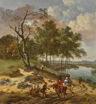 Un paysage fluvial avec des voyageurs élégants et un mendiant dans un paysage de dunes - Jan Wijnants