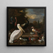 a pelican and other birds near a pond known as The Floating Feather - Melchior d'Hondecoeter — framed artwork on a wall