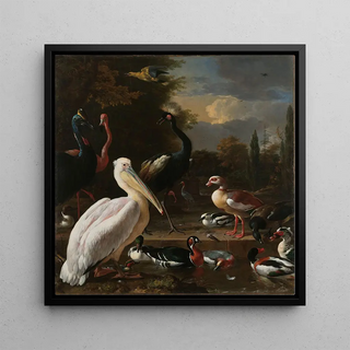 Un pélican et d'autres oiseaux près d'une mare connue sous le nom de La Plume Flottante - Melchior d'Hondecoeter