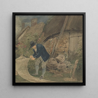 Un vieux pêcheur réparant des filets avec une maison en arrière-plan - John Thirtle