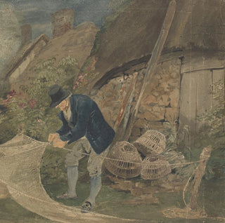 Un vieux pêcheur réparant des filets avec une maison en arrière-plan - John Thirtle