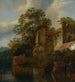 Een staande figuur naast een stenen huisje aan de rand van een rivier - Cornelis Gerritsz Decker — weergave van het kunstwerk