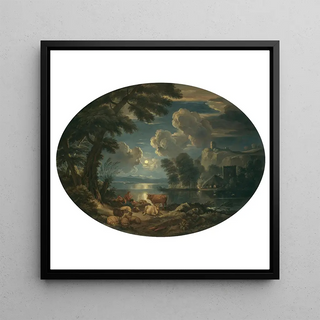 Une scène au clair de lune avec un berger et une bergère se reposant avec leur troupeau près d'un lac - Pieter Mulier le Jeune