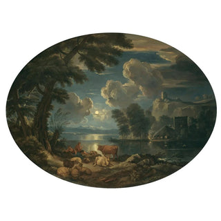 Une scène au clair de lune avec un berger et une bergère se reposant avec leur troupeau près d'un lac - Pieter Mulier le Jeune