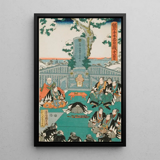 Utagawa Kunisada Toyokuni III - Act XI End The Rnin Paying Homage to the Tomb of Enya at the Temple Sengakuji Having Brought the Head of Moronao as an offering.webp