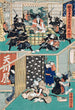 Acte X Gihei Prouvant Sa Loyauté Uitdraagt de Rônin uit te dagen om te verplaatsen Gihei die een echtscheidingsbrief schrijft voor zijn schoonvader - Utagawa Kunisada Toyokuni III — weergave van het kunstwerk