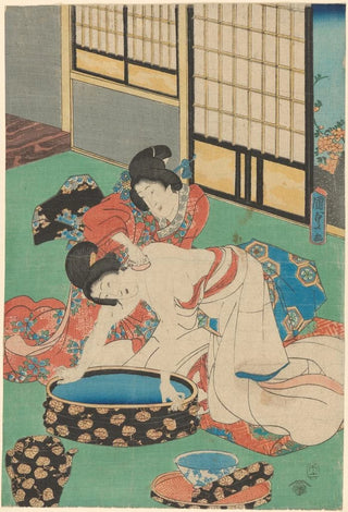 Utagawa Kunisada Toyokuni III - Woman Leaning over Tub Being Bathed by Her Maid.webp