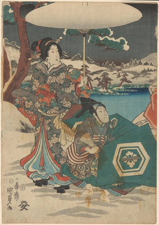Utagawa Kunisada Toyokuni III - Woman and Male Servant in Snow Woman holding white umbrella.webp