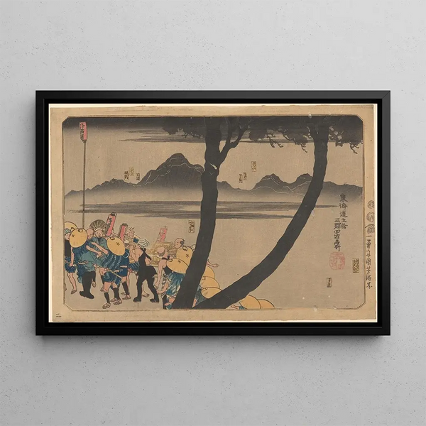Utagawa Kuniyoshi - Night Procession by River forked tree trunk in foreground.webp
