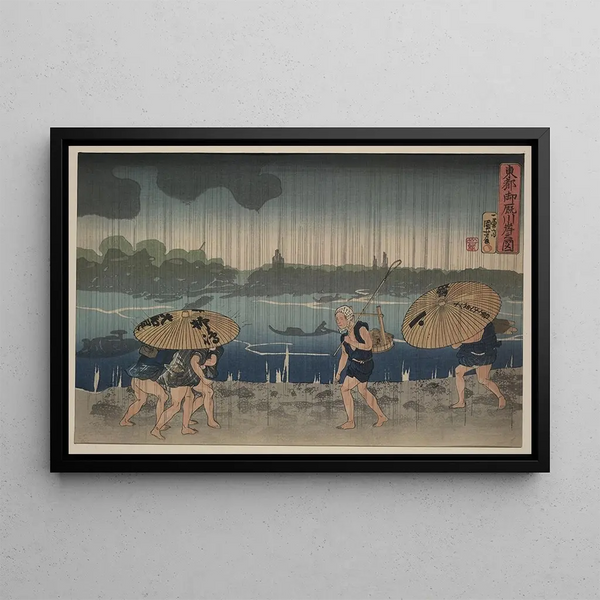 Utagawa Kuniyoshi - People walking beneath umbrellas along the seashore during a rainstorm.webp