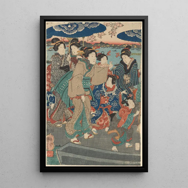 Utagawa Kuniyoshi - Seven Female Figures Two Umbrellas river in background.webp