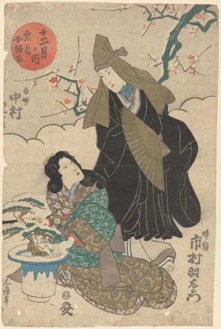 Utagawa Kuniyoshi - Snow Scene in December Girl and Woman with Olive Green Hood and Fan.webp