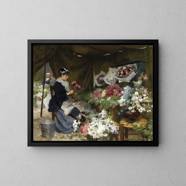 Een bloemist die haar boeketten voorbereidt - Victor Gabriel Gilbert — ingelijst kunstwerk aan de muur
