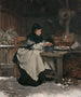 Vrouw zittend aan een tafel, haar handen warmend na het openen van oesters - Victor Gabriel Gilbert — weergave van het kunstwerk
