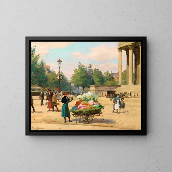Vrouw met bloemen voor de kerk van La Madeleine in Parijs - Victor Gabriel Gilbert — ingelijst kunstwerk aan de muur