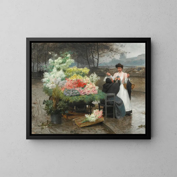 De bloemenverkoper op de kades van Parijs rond 1890 - Victor Gabriel Gilbert — ingelijst kunstwerk aan de muur