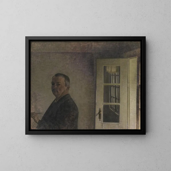 Zelfportret bij de cottage Spurveskjul in Sorgenfri, ten noorden van Kopenhagen - Vilhelm Hammershøi — ingelijst kunstwerk aan de muur