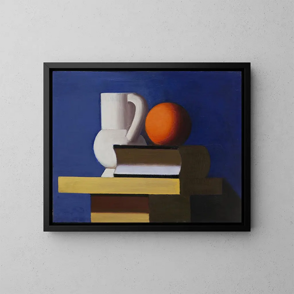 Natuurstudie met witte vaas, sinaasappel en boek - Vilhelm Lundstrøm — ingelijst kunstwerk aan de muur