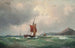 Boten van de visserij voor een rotsachtige kust, een stoomboot op de achtergrond - Vilhelm Melbye — weergave van het kunstwerk