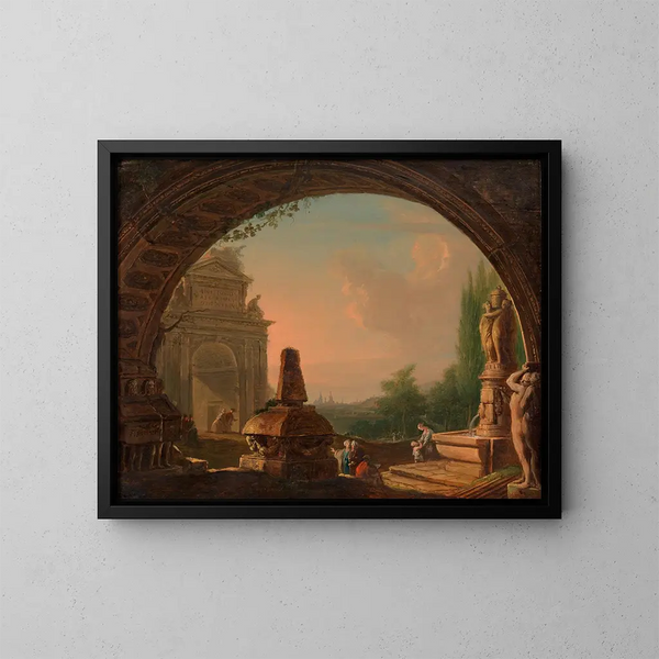 Oosters landschap met fantasie, gezien door een arcade - Vinzenz Fischer — ingelijst kunstwerk aan de muur