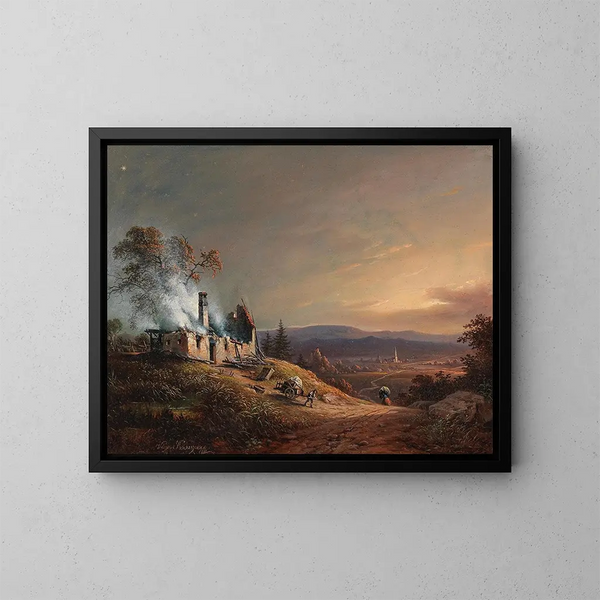 Een brandend huis - Vinzenz Kreuzer — ingelijst kunstwerk aan de muur
