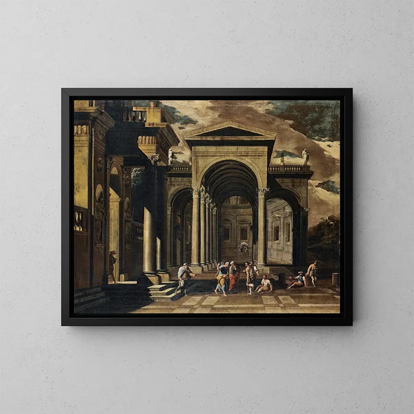 Een fantasie van de buitenkant van een verfijnd paleis met Sint Petrus die de kreupelen geneest - Viviano Codazzi — ingelijst kunstwerk aan de muur
