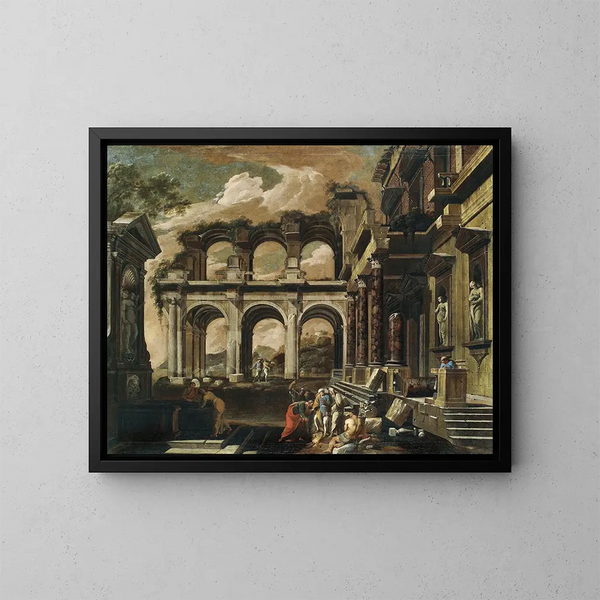 Een grilligheid van de binnenplaats van een vervallen paleis met het wonder van Sint Paulus - Viviano Codazzi — ingelijst kunstwerk aan de muur