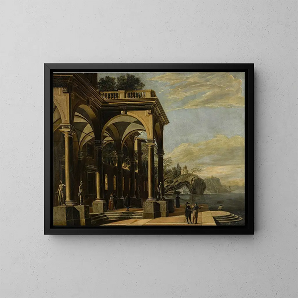 Een architectonisch fantasie met figuren onder een zuilenportiek, een kasteel op een maritieme boog en een kustdorp daarachter - Viviano Codazzi — ingelijst kunstwerk aan de muur