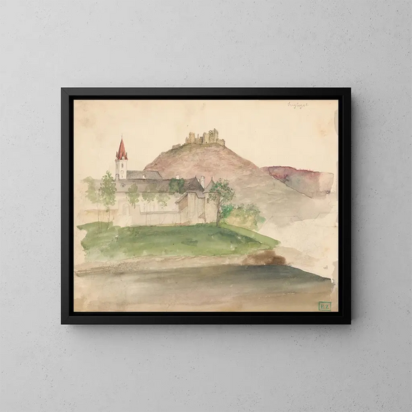 Uitzicht op de ruïnes van het kasteel in Szigliget - Vojtech Klimkovič — ingelijst kunstwerk aan de muur