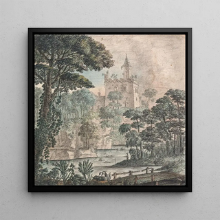 Vue de paysage d'un château en ruines avec un pont en bois et une figure pêchant - Henry Swinburne