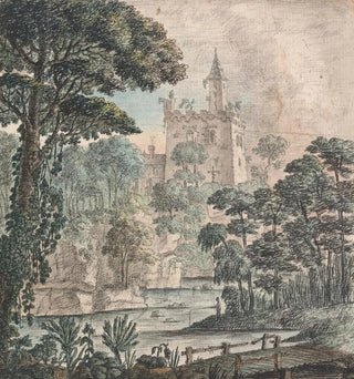 Vue de paysage d'un château en ruines avec un pont en bois et une figure pêchant - Henry Swinburne