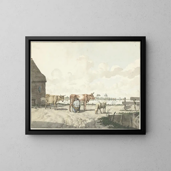 Landbouwers schilderij dat melkt - W. Barthautz — ingelijst kunstwerk aan de muur