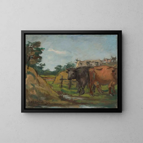 Drie koeien aan de rand van een rivier - Wacław Wśowicz — ingelijst kunstwerk aan de muur
