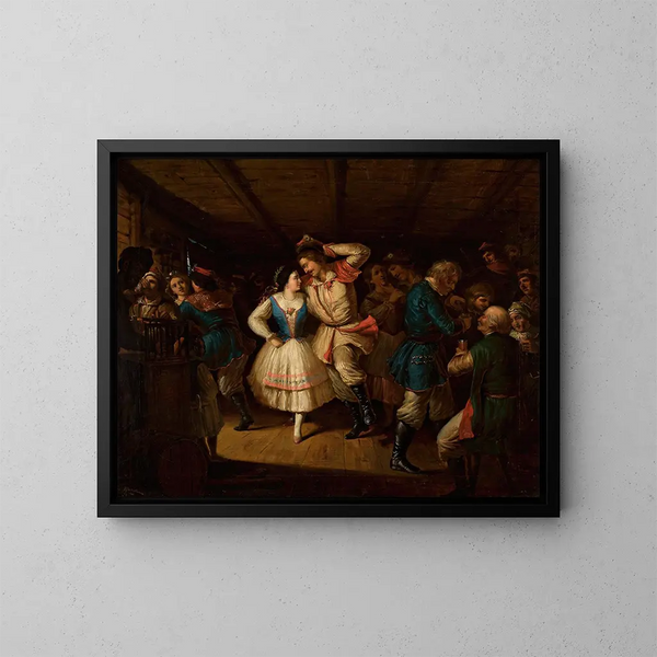 Dansfeest uit de regio van Krakau in een taverne - Władysław Bakałowicz — ingelijst kunstwerk aan de muur