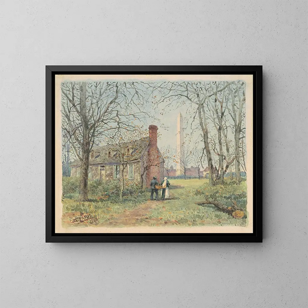 Het cottage van David Burns en het Washington-monument - Walter Paris — ingelijst kunstwerk aan de muur
