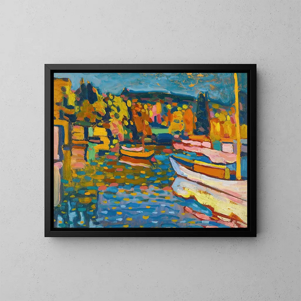 Studie voor herfstlandschap met boten - Wassily Kandinsky — ingelijst kunstwerk aan de muur