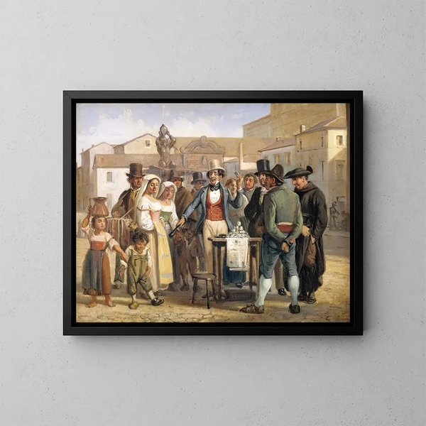Een bedrieger die schoensmeer verkoopt op de piazza Barberini in Rome - Wilhelm Marstrand — ingelijst kunstwerk aan de muur