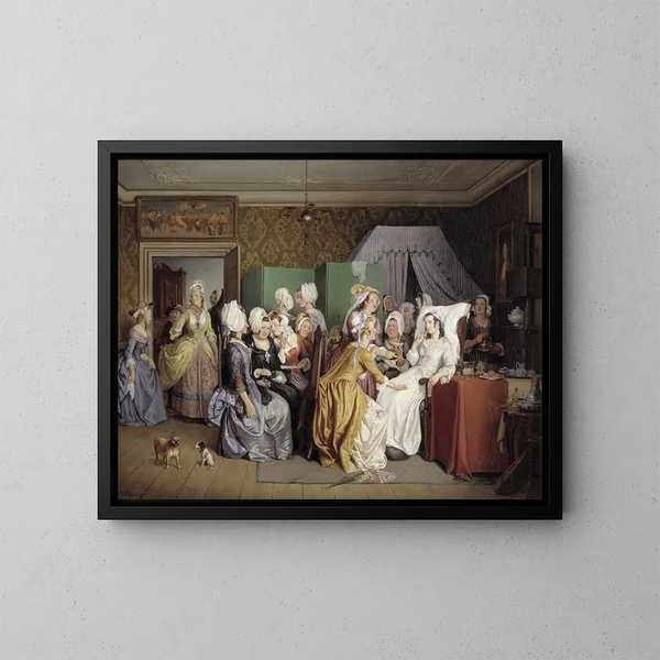 van Ludwig Holberg - Wilhelm Marstrand: scène uit de kamer van de bevalling | Schilderij — ingelijst kunstwerk aan de muur