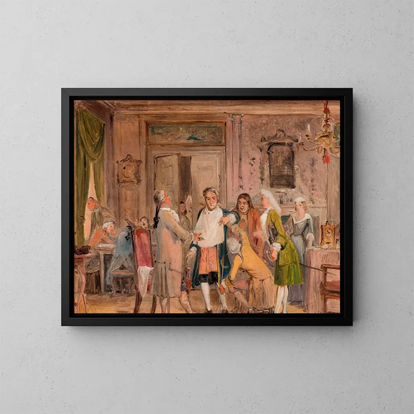 Scène des épreuves de Vielgeschrey, d'Holberg, Acte 1, Scène 6, esquisse - Wilhelm Marstrand — ingelijst kunstwerk aan de muur