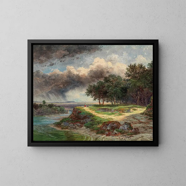 Een uitgestrekt rivierlandschap op een regenachtige dag - Wilhelm Steinfeld — ingelijst kunstwerk aan de muur