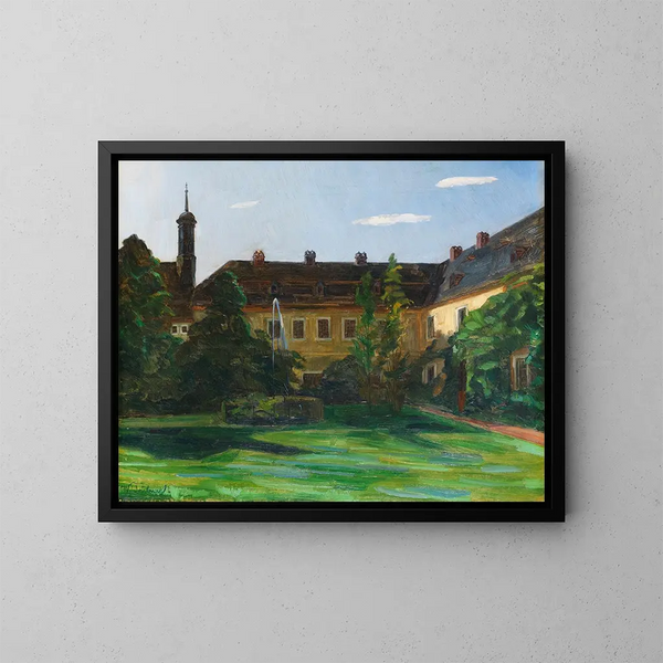 Binnenplaats van het klooster van Neuburg met fontein II - Wilhelm Trübner — ingelijst kunstwerk aan de muur