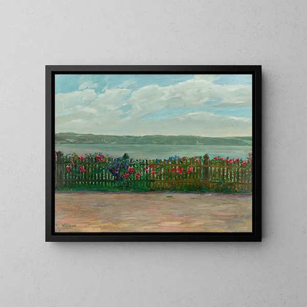 Omheining met rozen met uitzicht op het kasteel van Berg aan het Starnberger meer - Wilhelm Trübner — ingelijst kunstwerk aan de muur