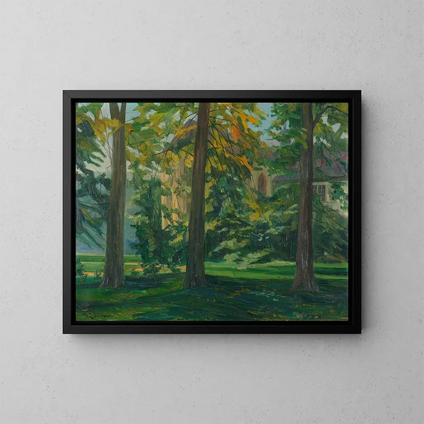 Kapel van Neuburg met drie bomen II - Wilhelm Trübner — ingelijst kunstwerk aan de muur