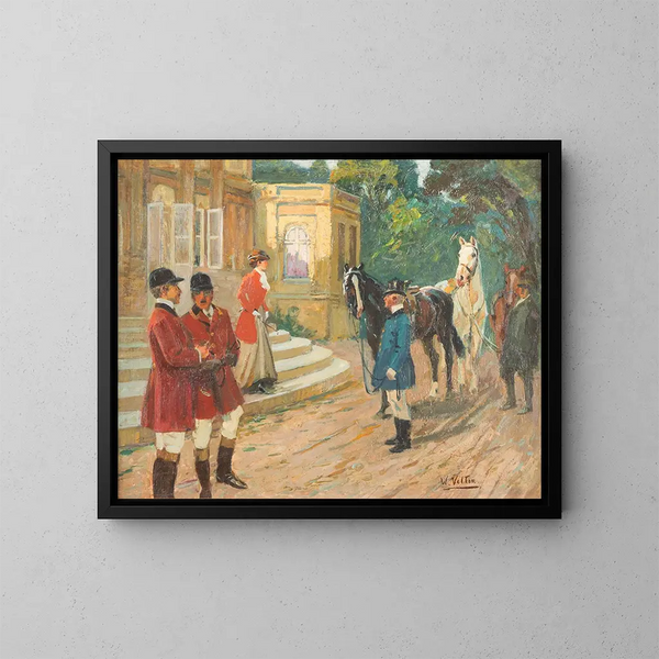 Vertrek op jacht - Wilhelm Velten — ingelijst kunstwerk aan de muur