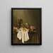 Een stilleven van Banketje met een Roemer Een zilveren kopje aan de zijkant Een ham Peaches Een zoutvaatje Een klein brood En een wit tafelkleed Op een gedeeltelijk gedrapeerde tafel - Willem Claesz. Heda — ingelijst kunstwerk aan de muur