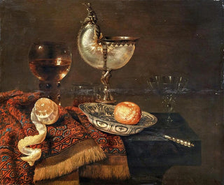 Willem Claesz Heda - A clementine in a porcelain bowl a nautilus cup a roemer two glasses a knife a peeled lemon on an ornamental carpet on a table.webp