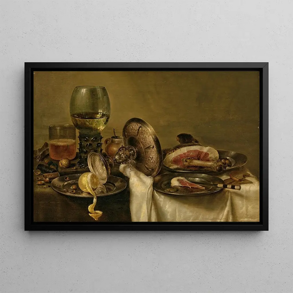 Willem Claesz Heda - A partially draped table with an overturned tazza roemer and glass of beer with a partially peeled lemon and ham on pewter plates.webp