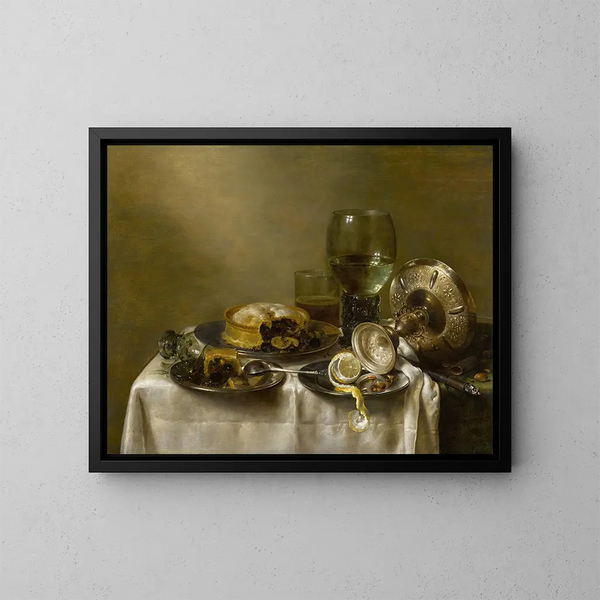 Natuurstudie met een omgekeerde zilveren schaal, gebakjes en een geschilde citroen op een tafel - Willem Claesz Heda — ingelijst kunstwerk aan de muur