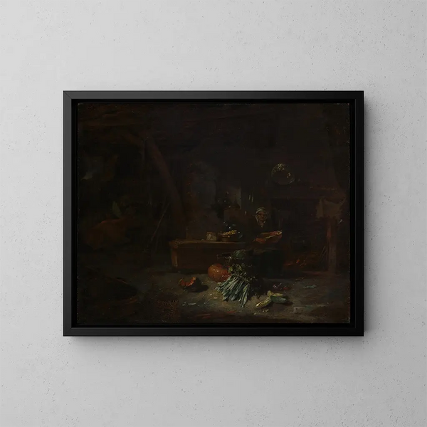 Binnenkant van een keuken - Willem Kalf — ingelijst kunstwerk aan de muur